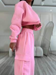 INAWLY Bộ 2 món áo nỉ ngắn tay dài cổ tròn màu hồng trơn kèm quần nỉ cạp chun có dây rút cho nữ - Hồng - Xem 3
