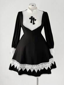 Sunspun Vestido de manga larga minimalista de dama con elegante ribete de encaje de color contrastante