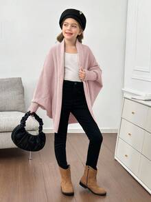 SHEIN Cardigan ample à manches chauve-souris décontracté pour préadolescentes, convient pour la maison, les sorties et l'école, automne/hiver - Rose pâle - Voir 4