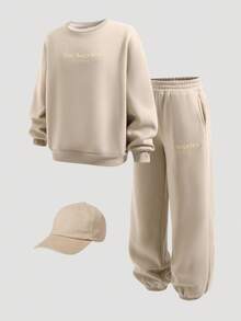 Tween Girl Loose Casual Letter Embossed Patched Detail Letter Graphic Round Neck Pullover Sweatshirt And Sweatpants Sports 2pcs/Set Outfit - Apricot - View 7