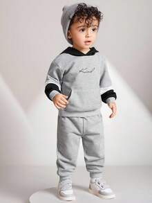 2pcs Kids Boy Back-To-School Set,Casual Street Style Solid Color Hooded Pullover Sweatshirt & Relaxed Fit Long Pants,Suitable For School,Autumn,Garden - Multicolor - View 5