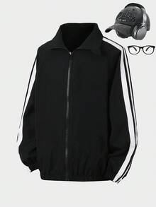 SHEIN Sparklyn 青少年女孩侧条纹拉链休闲夹克，秋季