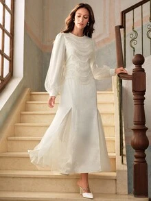 Anewsta Đầm dài vừa phải tay đèn lồng cổ tròn họa tiết dành cho nữ, thích hợp cho các dịp tiệc tùng, mùa thu/đông - Màu be - Xem 1