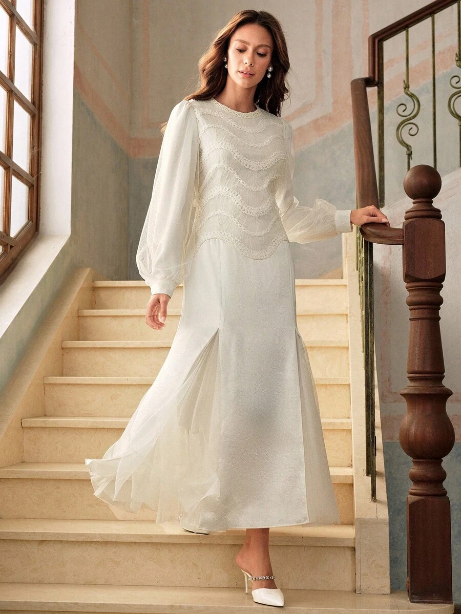 Anewsta Đầm dài vừa phải tay đèn lồng cổ tròn họa tiết dành cho nữ, thích hợp cho các dịp tiệc tùng, mùa thu/đông - Màu be - Xem 1