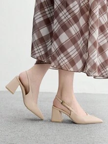 CUCCOO BIZCHIC Women's Fashion Burgundy Open Back Pointed Toe Chunky Heels Pumps, Classic Minimalist Design For Commute, Date, Party, Holiday, Wedding - Apricot - View 4