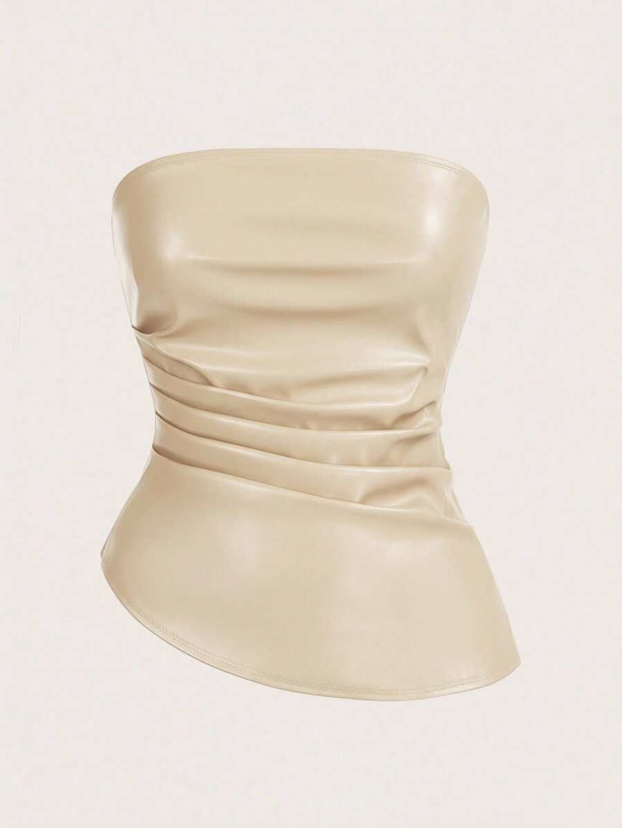 SHEIN Tall 女式时尚褶皱修身 PU 皮革抹胸,夏季 - 杏色 - 查看 1