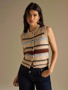 SHEIN BAE Women's Casual Striped Single-Breasted Knitted Vest,Fall Clothes For Women,Halloween,Winter Clothes For Women,Going Out Tops For Women,Back To School,Work Outfits For Women,Apricot Striped Vest Cardigan,Halloween,Halloween Clothes Women,Winter Clothes Women,Fall Sweaters,Fall Clothes For Women,Fall Fashion,Cropped Sweater,Cute Sweater,