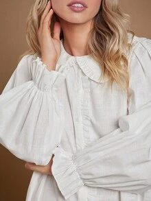 WESTFADE 100% Cotton Ruffle Collar Long Flare Sleeve Button Up Mini A Line Dress Casual Cute Fall Clothes, Country Concert Outfit, Autumn, Winter, Boho, Western Wear