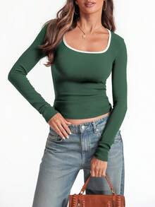 INAWLY Camiseta casual de cuello redondo de manga larga para mujer, primavera y verano - Verde Oscuro - Ver 3