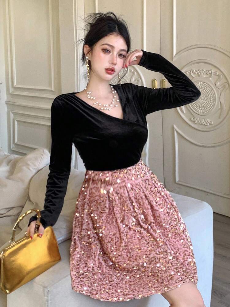 Women's Elegant Sequin Patchwork V-Neck Dress, Autumn Prom Dress Summer Women Dresses Carnival Sparkly Dress