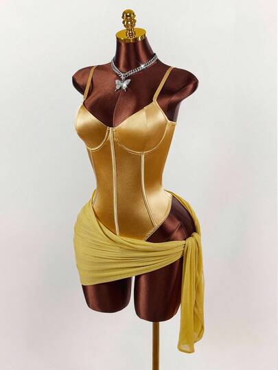 Amplova Robe mini sexy à fines bretelles avec nœud sur le côté froncé pour femmes