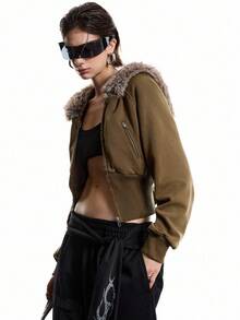 LYSMO 2025新款极简主义冬季休闲时尚街头拉链插肩袖人造毛皮连帽宽下摆短款外套，秋季女士短款连帽衫，短款拉链连帽外套，女士短款夹克，冬季新年造型和圣诞节街头服饰，以及斯德哥尔摩风格 - 橄欖綠 - 查看 9