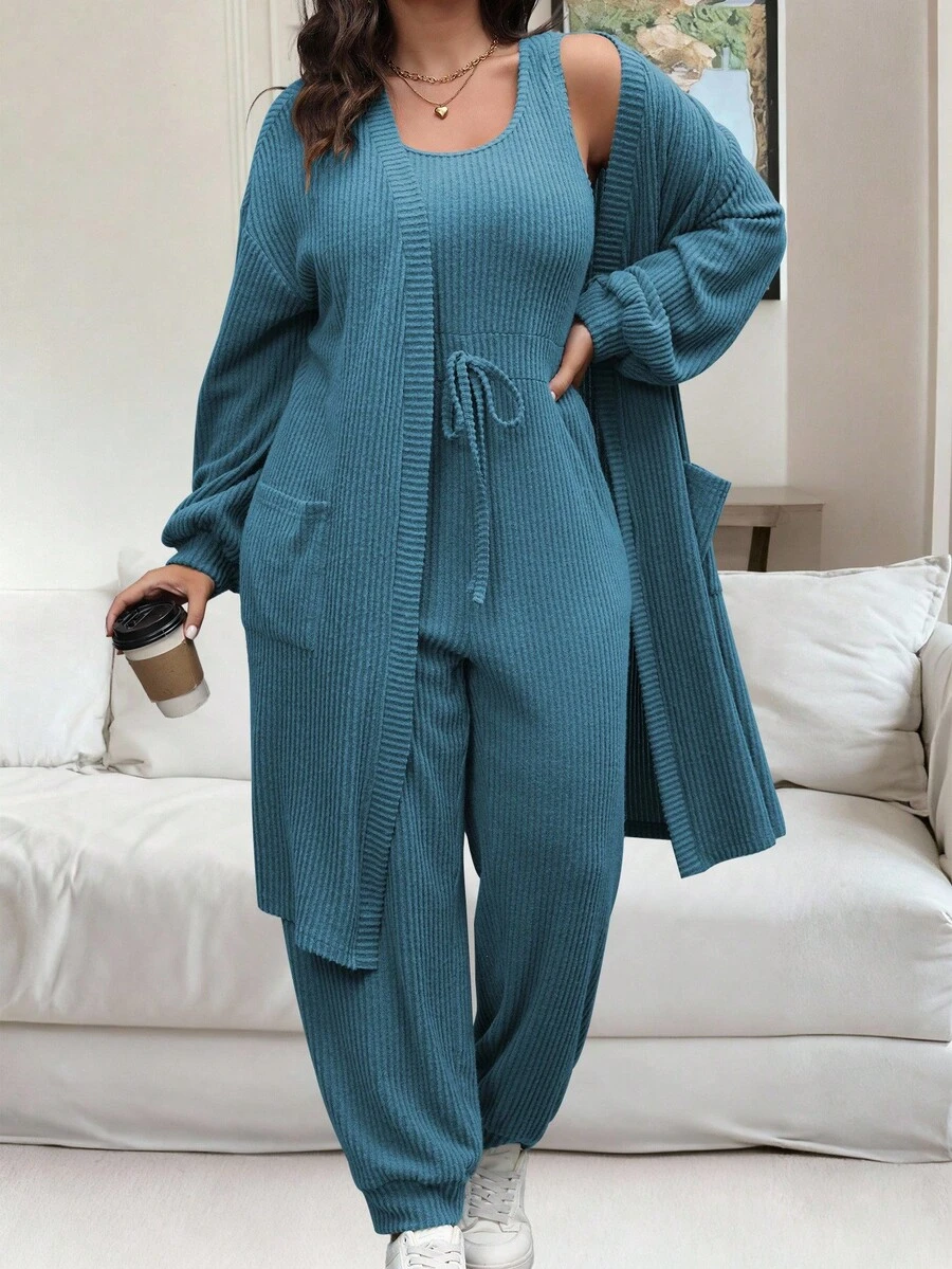 Vionelle Bộ áo khoác tay dài màu trơn cỡ lớn kèm áo liền quần không tay 2 món - Màu xanh bụi bặm - Xem 1