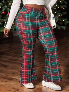 SHEIN PETITE CURVE Leggings acampanados de talle alto con diseño cruzado a cuadros rojos y verdes para mujer de talla grande