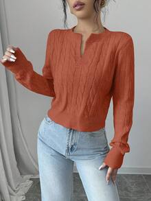Elenzga Sweater Pendek Kasual Warna Polos dengan Kerah Berlekuk, Serbaguna untuk Musim Gugur - Coral Orange - View 3
