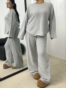 POPSWAY Autumn/Winter Fashion Minimalist Elegant Loose Fit Hoodie And Wide Leg Pants 2 Pieces Set - Grey - View 6