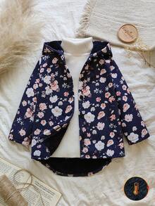 SHEIN Vintaside Kids 年轻女孩的碎花保暖内衬连帽纽扣夹克，时尚休闲，适合日常穿着 - 彩色 - 查看 3