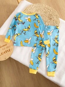 2pcs Baby Boy Knit Crew Neck Long Sleeve Top And Pants Set, Banana Sunglasses Skateboard Graphic Print, Tight Fit Casual Outfit - Multicolor - View 2