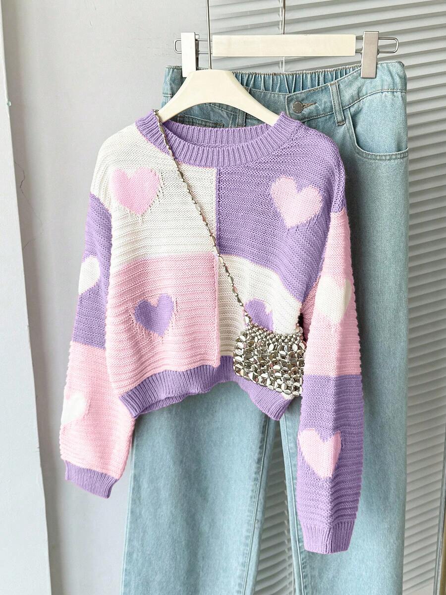 SHEIN Pull court à col rond, motif cœur contrasté rose et blanc, mignon et ludique, pour l'automne/l'hiver. Épaisseur régulière, polyvalent pour le port casual quotidien, convient pour les sorties, l'école, les fêtes et plus encore. - Multicolore - Voir 1