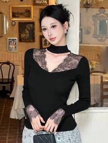 DAZY 女式撞色蕾丝镂空修身长袖毛衣，白色，春秋 - 黑色 - 查看 7