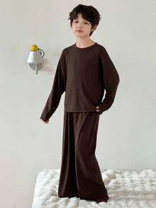 DAZY 2 件套儿童男童圆领针织长袖 T 恤 + 裤子家居服套装，秋季 - 棕色 - 查看 6