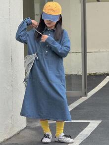 DAZY 女童牛仔领长袖连衣裙 - 藍色 - 查看 7