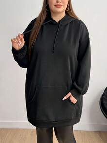 Enliva 大码女式长款连帽卫衣，带口袋，保暖内衬，长袖宽松版型，适合秋冬季穿着。 - 黑色 - 查看 4