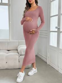 SHEIN Vestido de maternidad de manga larga y ajustado, color verde, adecuado para baby shower, otoño/invierno