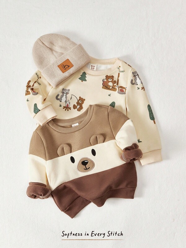 Cozy Pixies 2 Stücke Baby Jungen Set bestehend aus Sweatshirt mit Cartoon Tier Muster und Farbblock, Rundhals-Ausschnitt