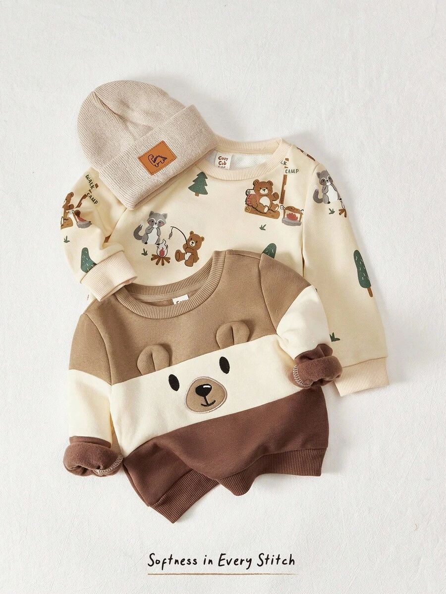 Cozy Pixies 2 piezas Conjunto de sudadera cuello redondo con bloqueo de color y estampado de animal de dibujos animados para bebé niño - Caqui - Ver 1