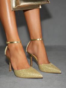 CUCCOO SZL Gold Metal PU Hollow One-Strap Peep Toe Sexy High Heel Pumps, Business Formal Party