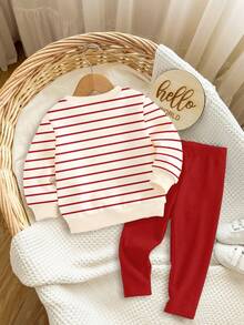 SHEIN Happikins Burgundy Striped, Cute Christmas Cartoon Reindeer Pattern, Baby Girl Casual Soft Thick Crew Neck Long Sleeve Sweatshirt And Leggings Set, Suitable For Autumn/Winter Daily Wear, Christmas, Cozy Season, Christmas Gifts, Autumn & Winter Outfits For , Easy Comfort, Autumn & Winter Layers For Baby & Girls, Stylish Girls, Casual Wear, Baby & Kids Graphic Clothes, Fall & Winter Clothes, Fall New Style
