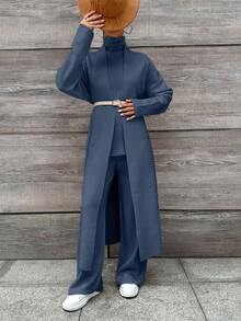 EURMUSE Women's Solid Color Long Sleeve Knitted Cardigan, Turtleneck Sleeveless Knit Top And Knitted Pants Casual Suit, Autumn - Dusty Blue - View 6