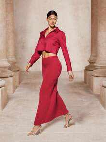 SHEIN Unity 2pcs Set: Knitted Skirt & Thick Fleece Pullover Top, Casual Autumn/Winter Outfit Red Two Pieces Set Red Two Pieces Outfit Women Women 2 Pieces Christmas Clothes Fall Outfit - Red - View 3