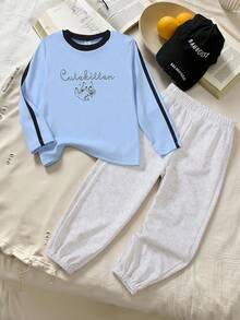 Genkimix Kids Conjunto de 2 piezas de sudadera de manga larga con estampado de gato azul claro y pantalones holgados de felpa gris claro con cordón para niñas de 4 a 7 años, adecuado para deportes, vacaciones, otoño/invierno, uso escolar - Multicolor - Ver 1