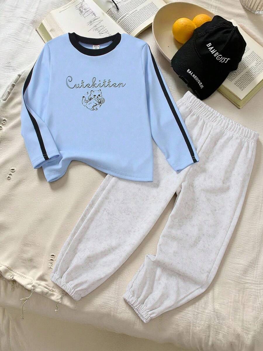 Genkimix Kids Conjunto de 2 piezas de sudadera de manga larga con estampado de gato azul claro y pantalones holgados de felpa gris claro con cordón para niñas de 4 a 7 años, adecuado para deportes, vacaciones, otoño/invierno, uso escolar - Multicolor - Ver 1