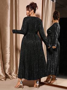 Cravure Luxury Glitter V-Neck Plus Size Evening Dress, Autumn/Winter - Black - View 2