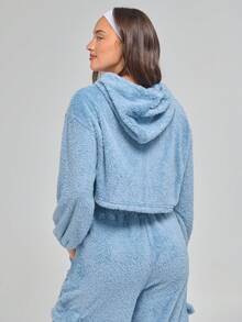 Menodora SHEIN Sport Women's Cozy Fuzzy Blue Hoodie Set, Ultra-Soft Plush Fabric, Front Zip Closure, Drawstring Hood, Warm Pockets, Comfortable Loungewear,Suitable For Winter - Blue - View 4