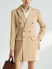 INAWLY Women's Solid Color Lapel NeckLong Sleeve Double-Breasted Blazer Dress, Office Wear - Bronze - View 3