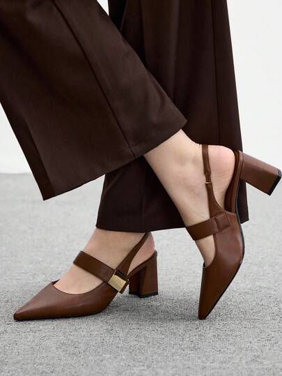 CUCCOO BIZCHIC 方扣时尚舒适通勤尖头粗高跟凉鞋