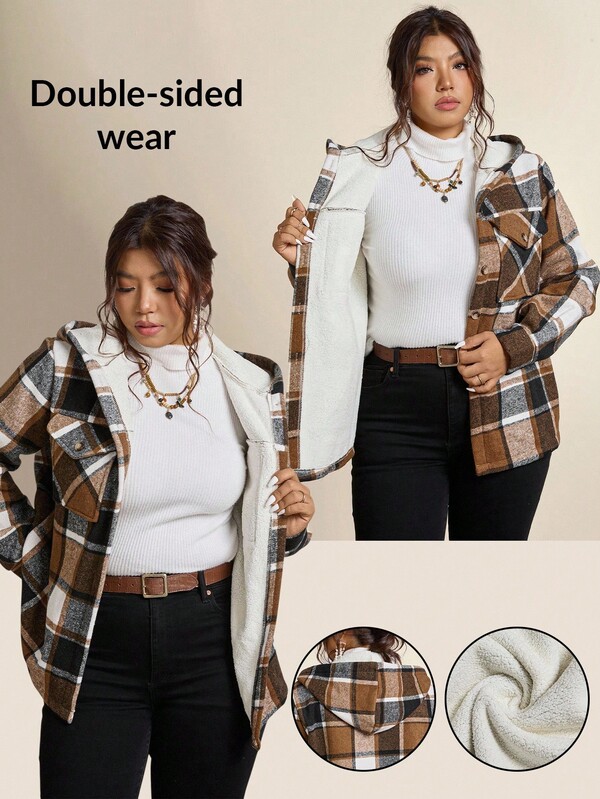 Freevana Chaqueta con capucha de felpa a cuadros de talla grande, ropa casual de otoño/invierno de talla grande, franelas de talla grande, chaqueta con capucha a cuadros reversible de talla grande, chaqueta de sherpa de talla grande, chaqueta de franela forrada de sherpa de talla grande a cuadros