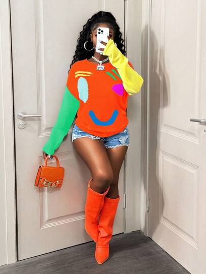 BamGleam Women's Dropped Shoulder Long Sleeve Smiling Face Patchwork Sweater, Autumn/Winter