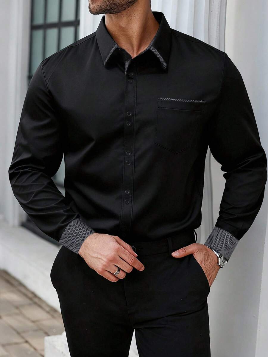 Manfinity Mode Plus Size Men Contrast Color Patchwork Business Casual Shirt, Fall - Black - View 1