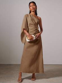 COSMINA Women's Elegant Metallic Buckle Asymmetric Dress - Camel - View 3