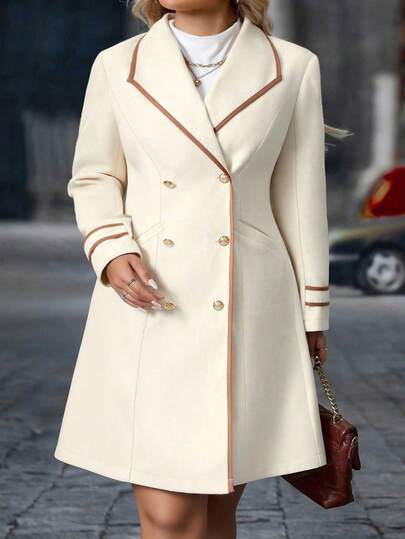 Elenzga Macacão de Lã Elegante e Ajustado de Manga Longa com Abotoamento Duplo Plus Size, Outono/Inverno