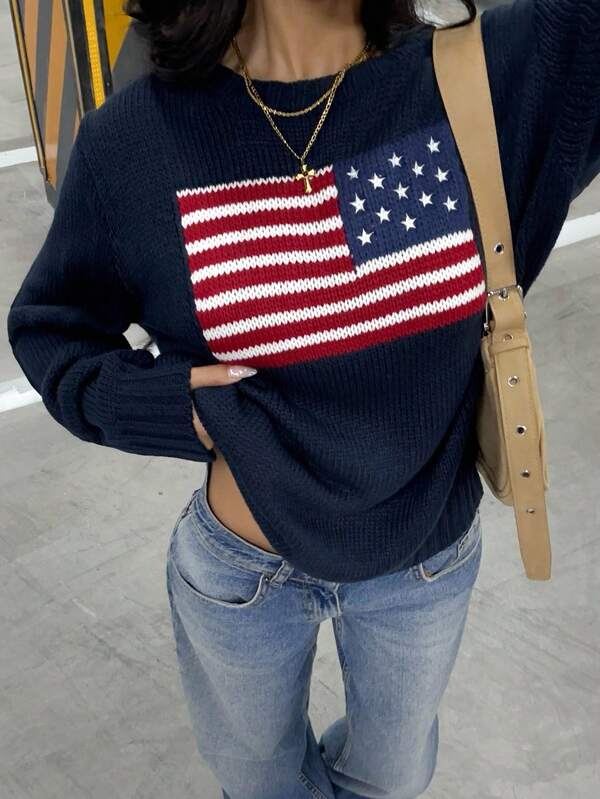 Muchica Women's New Best-Selling Autumn And Winter Round Neck Sweater Flag Jacquard, Suitable For Daily Wear