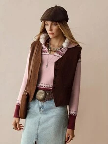 Florisole 不对称色块提花女式毛衣，复古图案毛领连帽开衫，冬季套头衫 - 粉色 - 查看 6