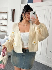 CovetEZ Plus Size Women Floral Decor Drop Shoulder Long Sleeve Cardigan In Fall/Winter - Apricot - View 1