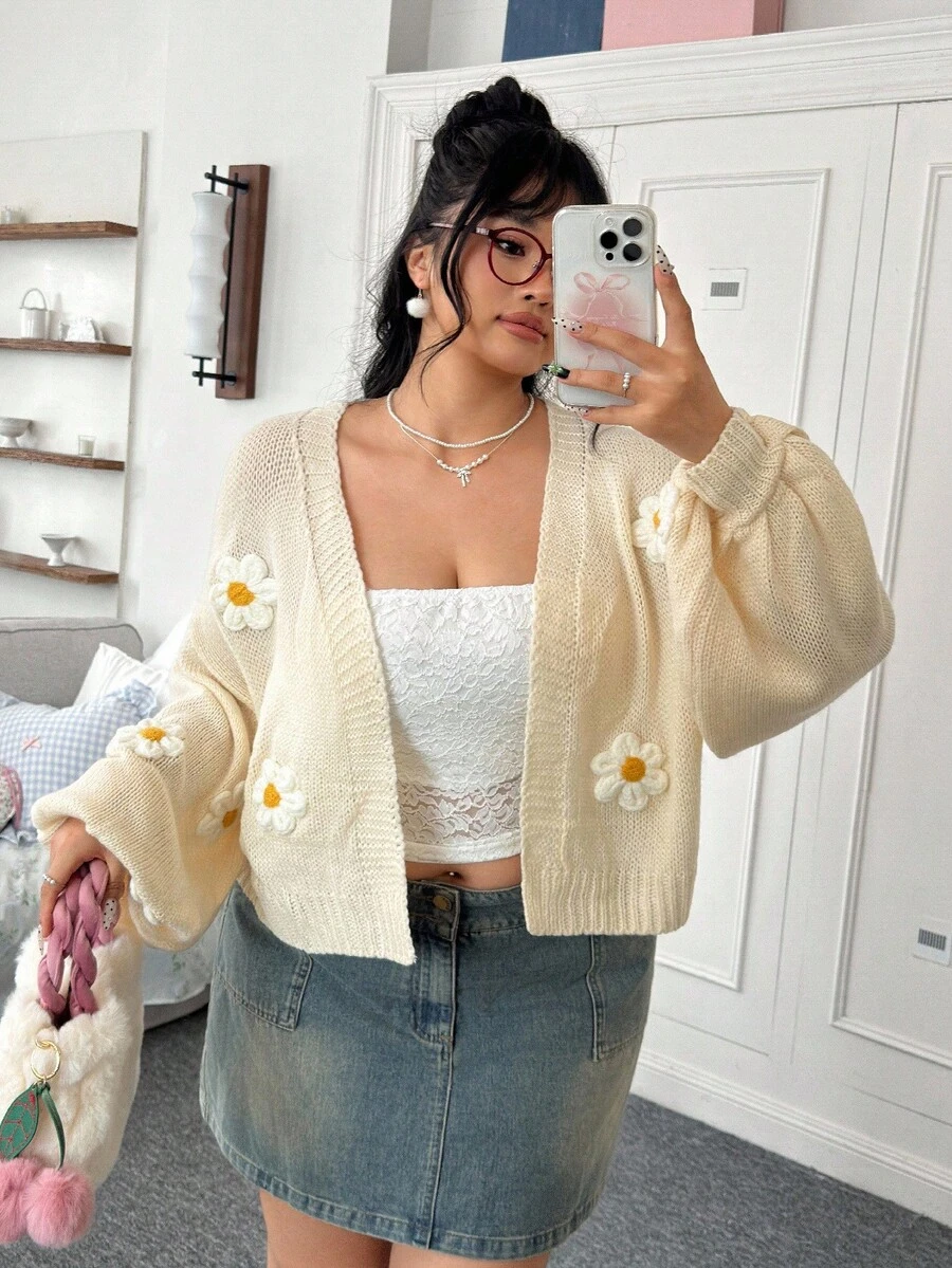 CovetEZ Plus Size Women Floral Decor Drop Shoulder Long Sleeve Cardigan In Fall/Winter - Apricot - View 1