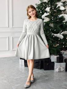 SHEIN 青少年女孩休闲时尚百搭针织钻石麻花针织串珠长袖束腰连衣裙，适合周末、休闲外出、返校、万圣节、圣诞节、新年 - 淺灰色 - 查看 4